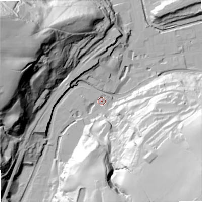 Shaded relief map of the ground around OL147LD, computed from Environment Agency LiDAR. The ground here sits at about 129 m above sea level and falls 99 m across the surrounding 800 m. Surface water reaching this point runs off ground lying to the west-north-west, 91.2 m higher.