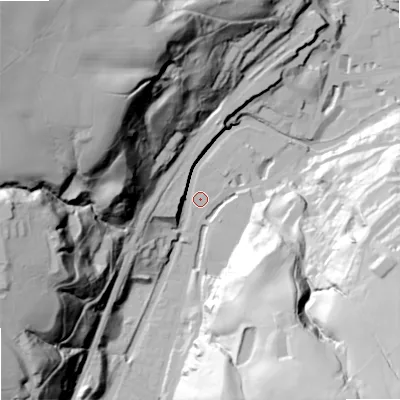 Shaded relief map of the ground around OL147LE, computed from Environment Agency LiDAR. The ground here sits at about 130 m above sea level and falls 118 m across the surrounding 800 m. Surface water reaching this point runs off ground lying to the north-west, 105.4 m higher.
