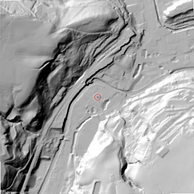 Shaded relief map of the ground around OL147LF, computed from Environment Agency LiDAR. The ground here sits at about 131 m above sea level and falls 108 m across the surrounding 800 m. Surface water reaching this point runs off ground lying to the south-west, 1.3 m higher.