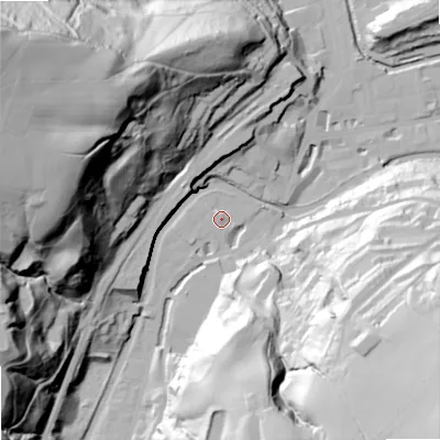 Shaded relief map of the ground around OL147LG, computed from Environment Agency LiDAR. The ground here sits at about 131 m above sea level and falls 107 m across the surrounding 800 m. Surface water reaching this point runs off ground lying to the north, 1.6 m higher.