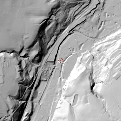 Shaded relief map of the ground around OL147LP, computed from Environment Agency LiDAR. The ground here sits at about 130 m above sea level and falls 116 m across the surrounding 800 m. Surface water reaching this point runs off ground lying to the west-south-west, 88.8 m higher.