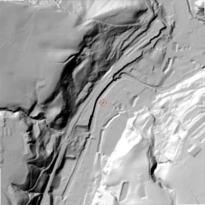 Shaded relief map of the ground around OL147LR, computed from Environment Agency LiDAR. The ground here sits at about 131 m above sea level and falls 119 m across the surrounding 800 m. Surface water reaching this point runs off ground lying to the west-north-west, 104.2 m higher.