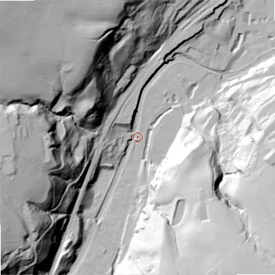 Shaded relief map of the ground around OL147LU, computed from Environment Agency LiDAR. The ground here sits at about 131 m above sea level and falls 115 m across the surrounding 800 m. Surface water reaching this point runs off ground lying to the west, 88.5 m higher.