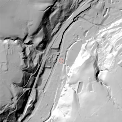 Shaded relief map of the ground around OL147LZ, computed from Environment Agency LiDAR. The ground here sits at about 130 m above sea level and falls 112 m across the surrounding 800 m. Surface water reaching this point runs off ground lying to the west, 88.9 m higher.