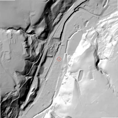 Shaded relief map of the ground around OL147NA, computed from Environment Agency LiDAR. The ground here sits at about 131 m above sea level and falls 105 m across the surrounding 800 m. Surface water reaching this point runs off ground lying to the west-south-west, 92.4 m higher.