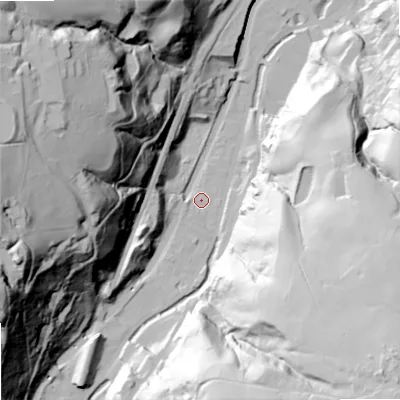 Shaded relief map of the ground around OL147NB, computed from Environment Agency LiDAR. The ground here sits at about 132 m above sea level and falls 115 m across the surrounding 800 m. Surface water reaching this point runs off ground lying to the south-west, 2.1 m higher.
