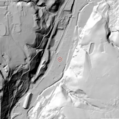 Shaded relief map of the ground around OL147ND, computed from Environment Agency LiDAR. The ground here sits at about 133 m above sea level and falls 116 m across the surrounding 800 m. Surface water reaching this point runs off ground lying to the south-west, 1.1 m higher.