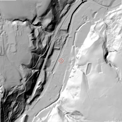 Shaded relief map of the ground around OL147NE, computed from Environment Agency LiDAR. The ground here sits at about 131 m above sea level and falls 108 m across the surrounding 800 m. Surface water reaching this point runs off ground lying to the west-south-west, 103.8 m higher.