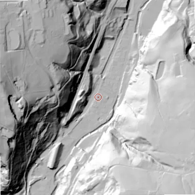 Shaded relief map of the ground around OL147NF, computed from Environment Agency LiDAR. The ground here sits at about 134 m above sea level and falls 121 m across the surrounding 800 m. Surface water reaching this point runs off ground lying to the west, 115.3 m higher.