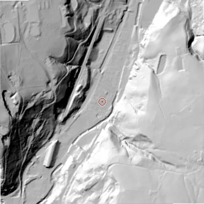 Shaded relief map of the ground around OL147NP, computed from Environment Agency LiDAR. The ground here sits at about 134 m above sea level and falls 120 m across the surrounding 800 m. Surface water reaching this point runs off ground lying to the south-south-west, 2.1 m higher.