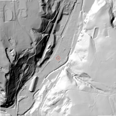 Shaded relief map of the ground around OL147NR, computed from Environment Agency LiDAR. The ground here sits at about 135 m above sea level and falls 121 m across the surrounding 800 m. Surface water reaching this point runs off ground lying to the south-south-east, 1.5 m higher.