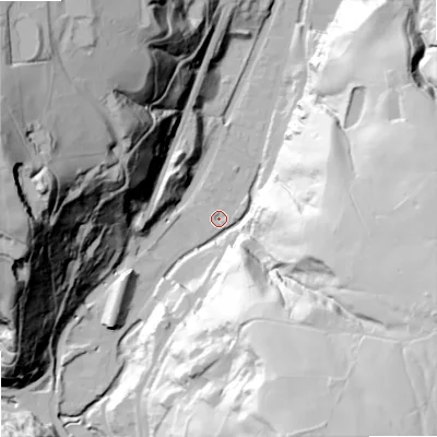 Shaded relief map of the ground around OL147NU, computed from Environment Agency LiDAR. The ground here sits at about 134 m above sea level and falls 120 m across the surrounding 800 m. Surface water reaching this point runs off ground lying to the south-south-east, 80.1 m higher.