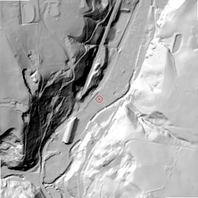 Shaded relief map of the ground around OL147NZ, computed from Environment Agency LiDAR. The ground here sits at about 135 m above sea level and falls 125 m across the surrounding 800 m. Surface water reaching this point runs off ground lying to the west-north-west, 118.1 m higher.