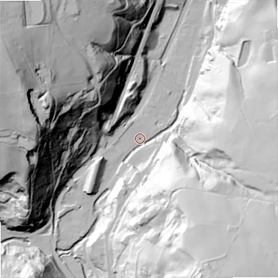 Shaded relief map of the ground around OL147PA, computed from Environment Agency LiDAR. The ground here sits at about 135 m above sea level and falls 123 m across the surrounding 800 m. Surface water reaching this point runs off ground lying to the south-south-east, 103.8 m higher.