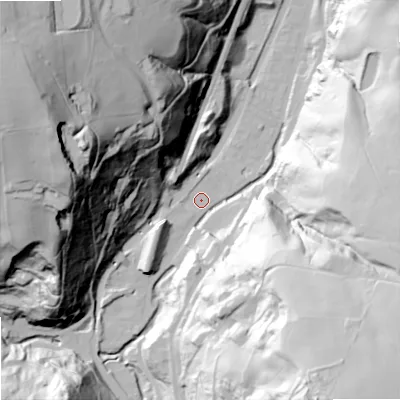 Shaded relief map of the ground around OL147PB, computed from Environment Agency LiDAR. The ground here sits at about 136 m above sea level and falls 124 m across the surrounding 800 m. Surface water reaching this point runs off ground lying to the west-north-west, 118.9 m higher.
