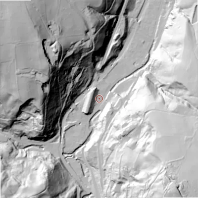 Shaded relief map of the ground around OL147PD, computed from Environment Agency LiDAR. The ground here sits at about 137 m above sea level and falls 125 m across the surrounding 800 m. Surface water reaching this point runs off ground lying to the south-east, 114.7 m higher.