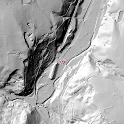 Shaded relief map of the ground around OL147PE, computed from Environment Agency LiDAR. The ground here sits at about 137 m above sea level and falls 125 m across the surrounding 800 m. Surface water reaching this point runs off ground lying to the north-west, 118.7 m higher.