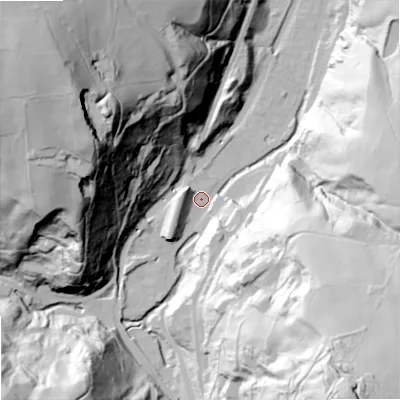 Shaded relief map of the ground around OL147PF, computed from Environment Agency LiDAR. The ground here sits at about 137 m above sea level and falls 125 m across the surrounding 800 m. Surface water reaching this point runs off ground lying to the south-east, 114.7 m higher.