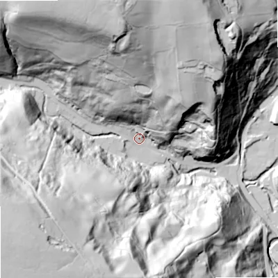 Shaded relief map of the ground around OL147PJ, computed from Environment Agency LiDAR. The ground here sits at about 158 m above sea level and falls 154 m across the surrounding 800 m. Surface water reaching this point runs off ground lying to the south-west, 135.5 m higher.