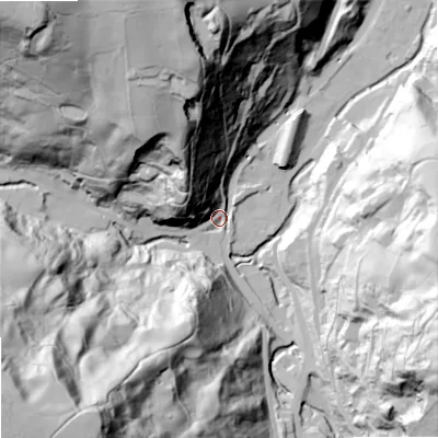 Shaded relief map of the ground around OL147PN, computed from Environment Agency LiDAR. The ground here sits at about 146 m above sea level and falls 145 m across the surrounding 800 m. Surface water reaching this point runs off ground lying to the north-west, 116.4 m higher.