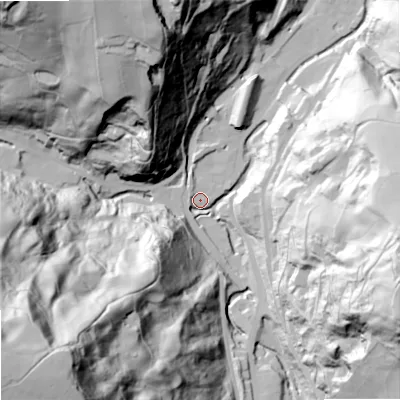 Shaded relief map of the ground around OL147PR, computed from Environment Agency LiDAR. The ground here sits at about 144 m above sea level and falls 143 m across the surrounding 800 m. Surface water reaching this point runs off ground lying to the south-west, 131.8 m higher.