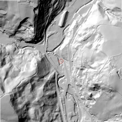 Shaded relief map of the ground around OL147PS, computed from Environment Agency LiDAR. The ground here sits at about 143 m above sea level and falls 136 m across the surrounding 800 m. Surface water reaching this point runs off ground lying to the south-west, 128.7 m higher.