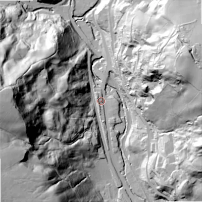 Shaded relief map of the ground around OL147PT, computed from Environment Agency LiDAR. The ground here sits at about 153 m above sea level and falls 130 m across the surrounding 800 m. Surface water reaching this point runs off ground lying to the west, 116.6 m higher.