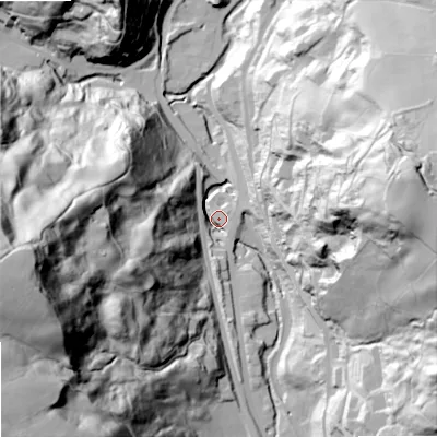 Shaded relief map of the ground around OL147PU, computed from Environment Agency LiDAR. The ground here sits at about 148 m above sea level and falls 134 m across the surrounding 800 m. Surface water reaching this point runs off ground lying to the west-south-west, 126.6 m higher.