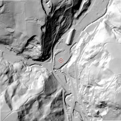 Shaded relief map of the ground around OL147PW, computed from Environment Agency LiDAR. The ground here sits at about 142 m above sea level and falls 141 m across the surrounding 800 m. Surface water reaching this point runs off ground lying to the west-south-west, 4.4 m higher.