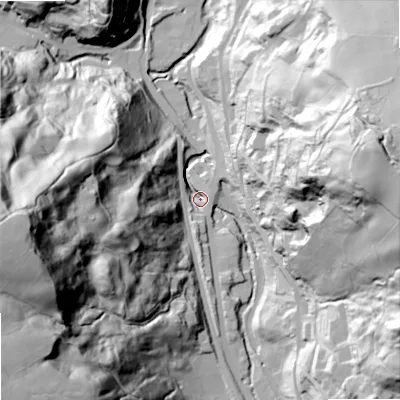 Shaded relief map of the ground around OL147PX, computed from Environment Agency LiDAR. The ground here sits at about 147 m above sea level and falls 133 m across the surrounding 800 m. Surface water reaching this point runs off ground lying to the west-south-west, 126.1 m higher.