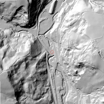 Shaded relief map of the ground around OL147QD, computed from Environment Agency LiDAR. The ground here sits at about 145 m above sea level and falls 135 m across the surrounding 800 m. Surface water reaching this point runs off ground lying to the west-south-west, 127.1 m higher.