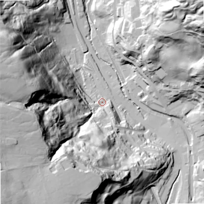 Shaded relief map of the ground around OL147QF, computed from Environment Agency LiDAR. The ground here sits at about 157 m above sea level and falls 117 m across the surrounding 800 m. Surface water reaching this point runs off ground lying to the south-west, 109.4 m higher.