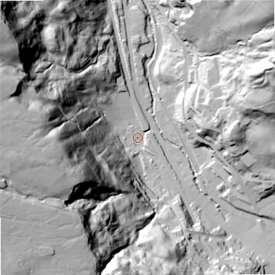 Shaded relief map of the ground around OL147QX, computed from Environment Agency LiDAR. The ground here sits at about 151 m above sea level and falls 120 m across the surrounding 800 m. Surface water reaching this point runs off ground lying to the south-west, 112.8 m higher.