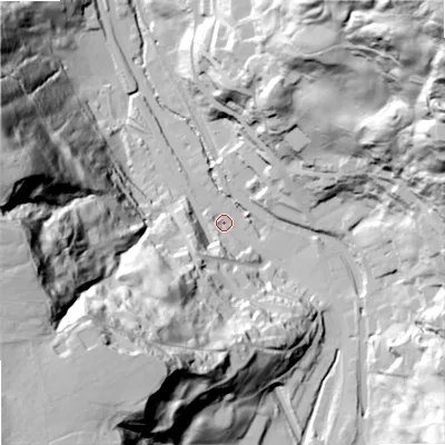 Shaded relief map of the ground around OL147SL, computed from Environment Agency LiDAR. The ground here sits at about 154 m above sea level and falls 114 m across the surrounding 800 m. Surface water reaching this point runs off ground lying to the south-west, 88.8 m higher.