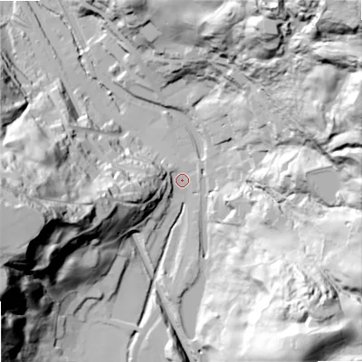 Shaded relief map of the ground around OL147SN, computed from Environment Agency LiDAR. The ground here sits at about 157 m above sea level and falls 120 m across the surrounding 800 m. Surface water reaching this point runs off ground lying to the west-south-west, 84.2 m higher.