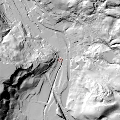 Shaded relief map of the ground around OL147SP, computed from Environment Agency LiDAR. The ground here sits at about 157 m above sea level and falls 110 m across the surrounding 800 m. Surface water reaching this point runs off ground lying to the west-south-west, 85.2 m higher.