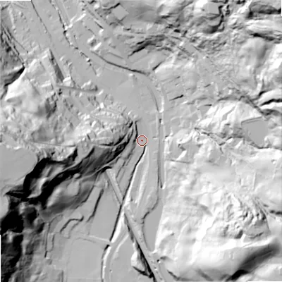 Shaded relief map of the ground around OL147SR, computed from Environment Agency LiDAR. The ground here sits at about 157 m above sea level and falls 109 m across the surrounding 800 m. Surface water reaching this point runs off ground lying to the west-south-west, 85.2 m higher.