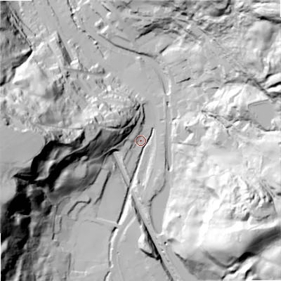 Shaded relief map of the ground around OL147SS, computed from Environment Agency LiDAR. The ground here sits at about 158 m above sea level and falls 95 m across the surrounding 800 m. Surface water reaching this point runs off ground lying to the west-south-west, 90.5 m higher.