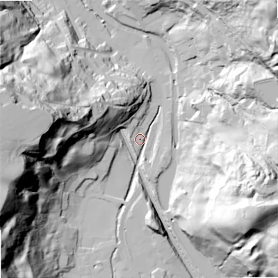 Shaded relief map of the ground around OL147ST, computed from Environment Agency LiDAR. The ground here sits at about 158 m above sea level and falls 102 m across the surrounding 800 m. Surface water reaching this point runs off ground lying to the west-south-west, 97.2 m higher.