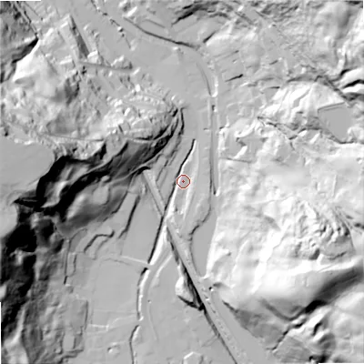 Shaded relief map of the ground around OL147SU, computed from Environment Agency LiDAR. The ground here sits at about 157 m above sea level and falls 90 m across the surrounding 800 m. Surface water reaching this point runs off ground lying to the west-south-west, 85.8 m higher.