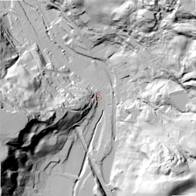 Shaded relief map of the ground around OL147SW, computed from Environment Agency LiDAR. The ground here sits at about 157 m above sea level and falls 117 m across the surrounding 800 m. Surface water reaching this point runs off ground lying to the west-south-west, 85.9 m higher.