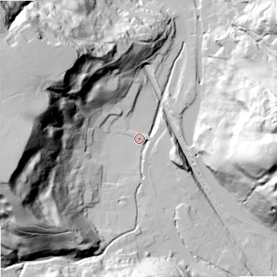 Shaded relief map of the ground around OL147SX, computed from Environment Agency LiDAR. The ground here sits at about 162 m above sea level and falls 105 m across the surrounding 800 m. Surface water reaching this point runs off ground lying to the south-south-west, 8.2 m higher.
