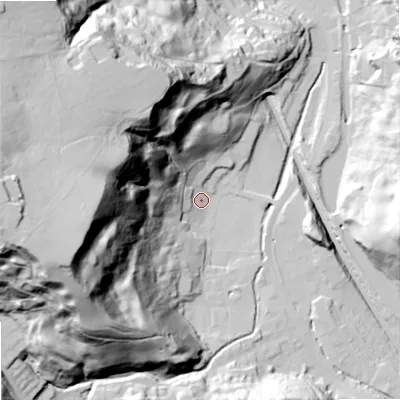 Shaded relief map of the ground around OL147TB, computed from Environment Agency LiDAR. The ground here sits at about 163 m above sea level and falls 109 m across the surrounding 800 m. Surface water reaching this point runs off ground lying to the west, 104.4 m higher.