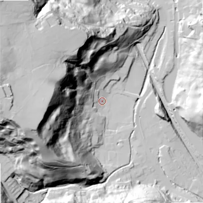 Shaded relief map of the ground around OL147TD, computed from Environment Agency LiDAR. The ground here sits at about 163 m above sea level and falls 109 m across the surrounding 800 m. Surface water reaching this point runs off ground lying to the west-south-west, 102.0 m higher.