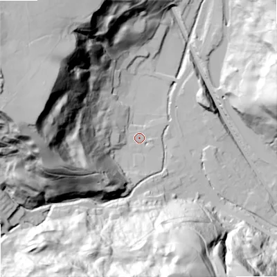 Shaded relief map of the ground around OL147TE, computed from Environment Agency LiDAR. The ground here sits at about 166 m above sea level and falls 106 m across the surrounding 800 m. Surface water reaching this point runs off ground lying to the west, 94.6 m higher.
