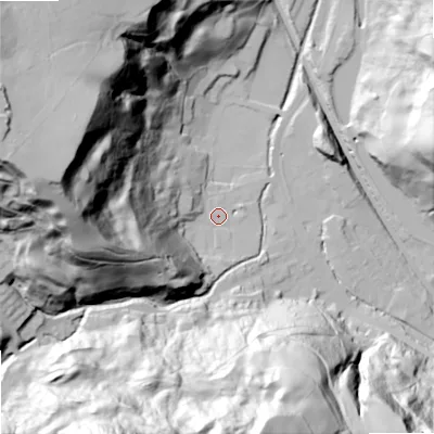 Shaded relief map of the ground around OL147TH, computed from Environment Agency LiDAR. The ground here sits at about 167 m above sea level and falls 112 m across the surrounding 800 m. Surface water reaching this point runs off ground lying to the west-north-west, 92.8 m higher.