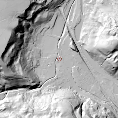Shaded relief map of the ground around OL147TJ, computed from Environment Agency LiDAR. The ground here sits at about 164 m above sea level and falls 103 m across the surrounding 800 m. Surface water reaching this point runs off ground lying to the west, 91.0 m higher.