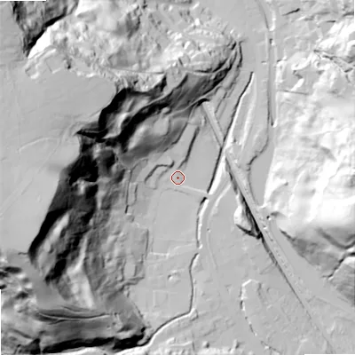 Shaded relief map of the ground around OL147TP, computed from Environment Agency LiDAR. The ground here sits at about 161 m above sea level and falls 107 m across the surrounding 800 m. Surface water reaching this point runs off ground lying to the west-south-west, 101.5 m higher.