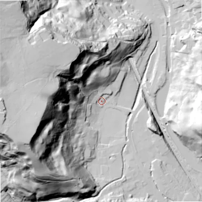 Shaded relief map of the ground around OL147TQ, computed from Environment Agency LiDAR. The ground here sits at about 162 m above sea level and falls 108 m across the surrounding 800 m. Surface water reaching this point runs off ground lying to the west, 102.9 m higher.