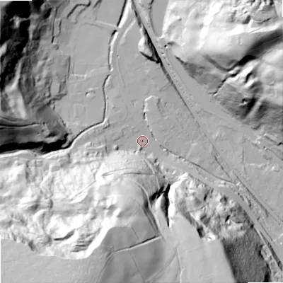 Shaded relief map of the ground around OL147UA, computed from Environment Agency LiDAR. The ground here sits at about 165 m above sea level and falls 127 m across the surrounding 800 m. Surface water reaching this point runs off ground lying to the south-south-west, 120.1 m higher.